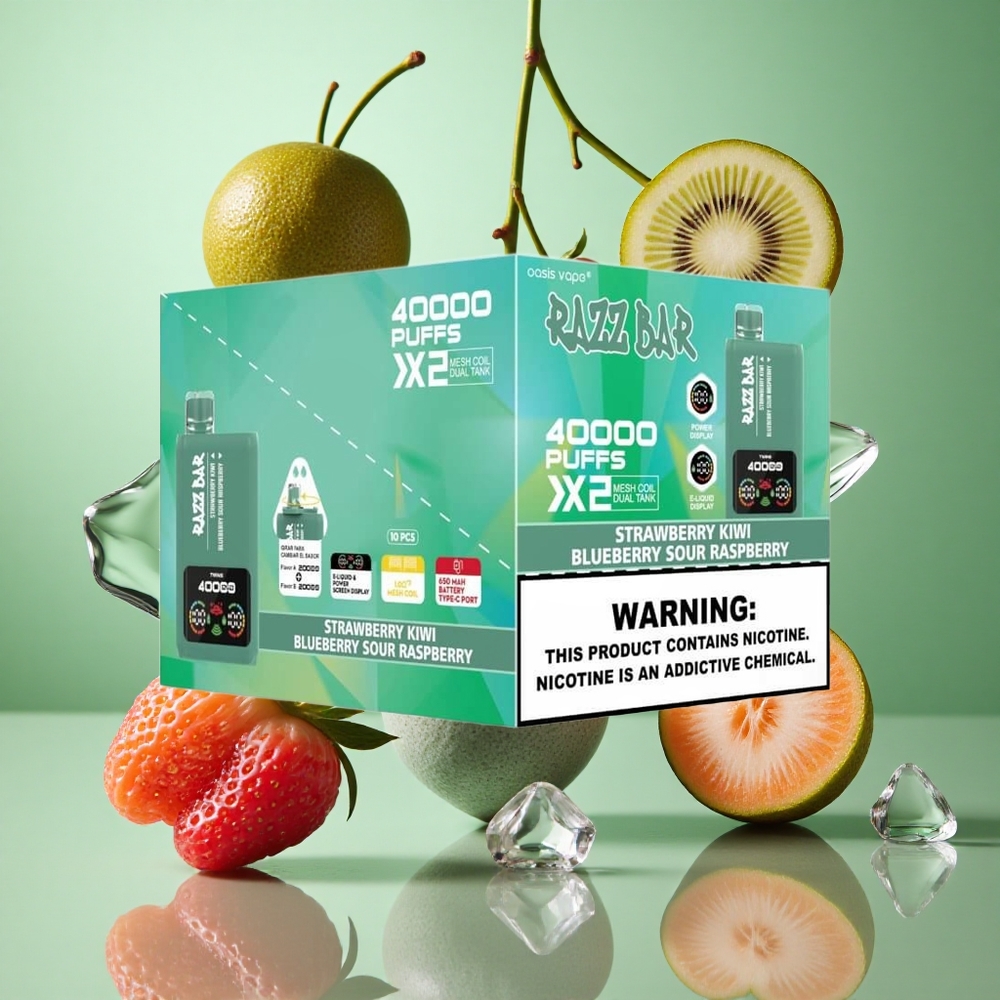 Razz Bar 40000 zaciągnięć Truskawka Kiwi_Borówka Kwaśna Malina Poland vape Wyświetlacz Mocy