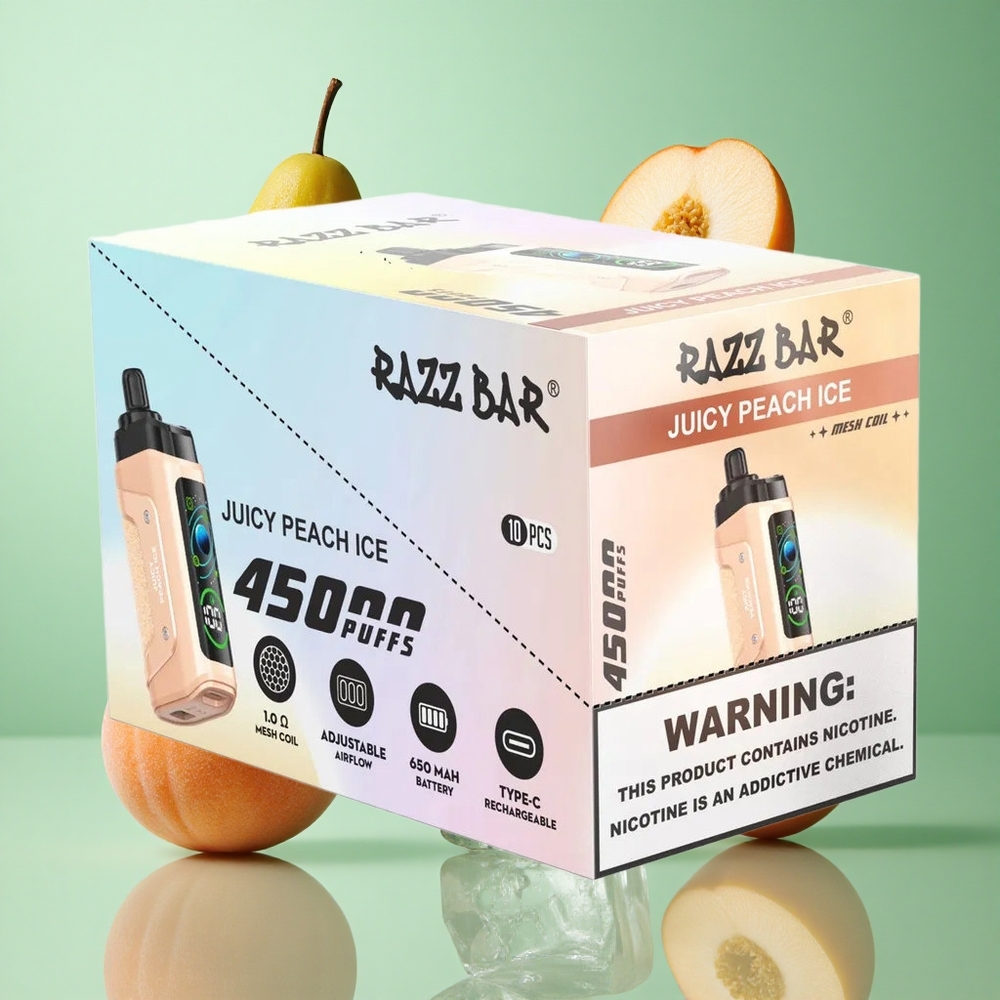 Razz Bar 45000 zaciągnięć Juicy Peach Ice Poland vape z regulowanym przepływem powietrza i baterią 650 mAh