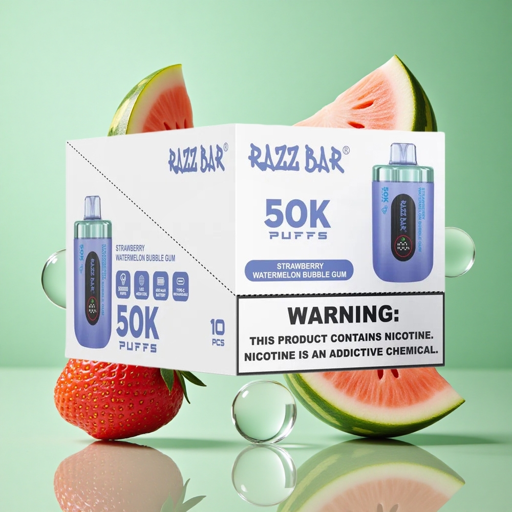 Razz Bar 50K zaciągnięć Truskawka Arbuz Bubble Gum Poland vape Ładowany Type-C 2% Nikotyna